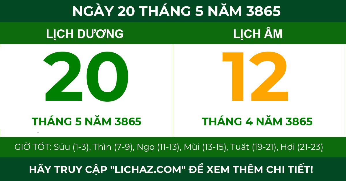 lịch âm ngày 20 tháng 5 năm 3865