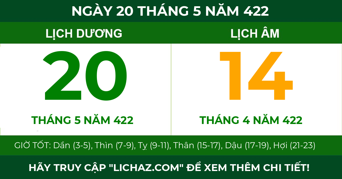 lịch âm ngày 20 tháng 5 năm 422