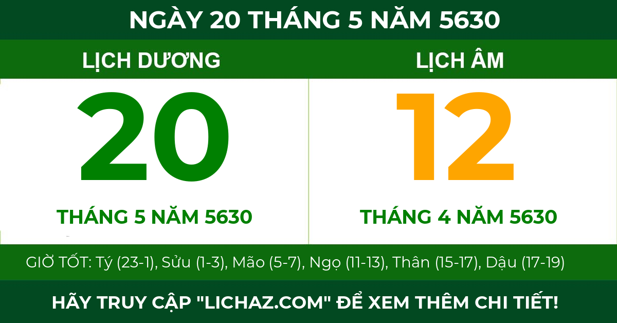 lịch âm ngày 20 tháng 5 năm 5630