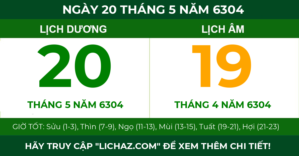 lịch âm ngày 20 tháng 5 năm 6304
