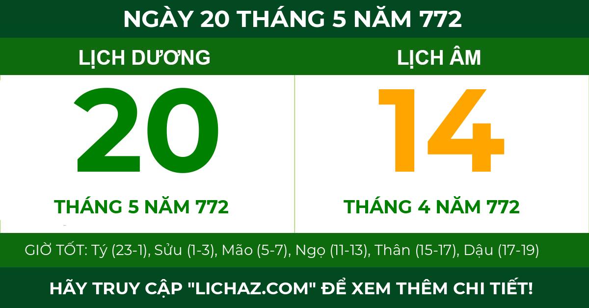 lịch âm ngày 20 tháng 5 năm 772