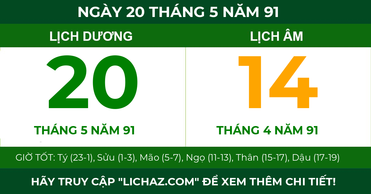 lịch âm ngày 20 tháng 5 năm 91