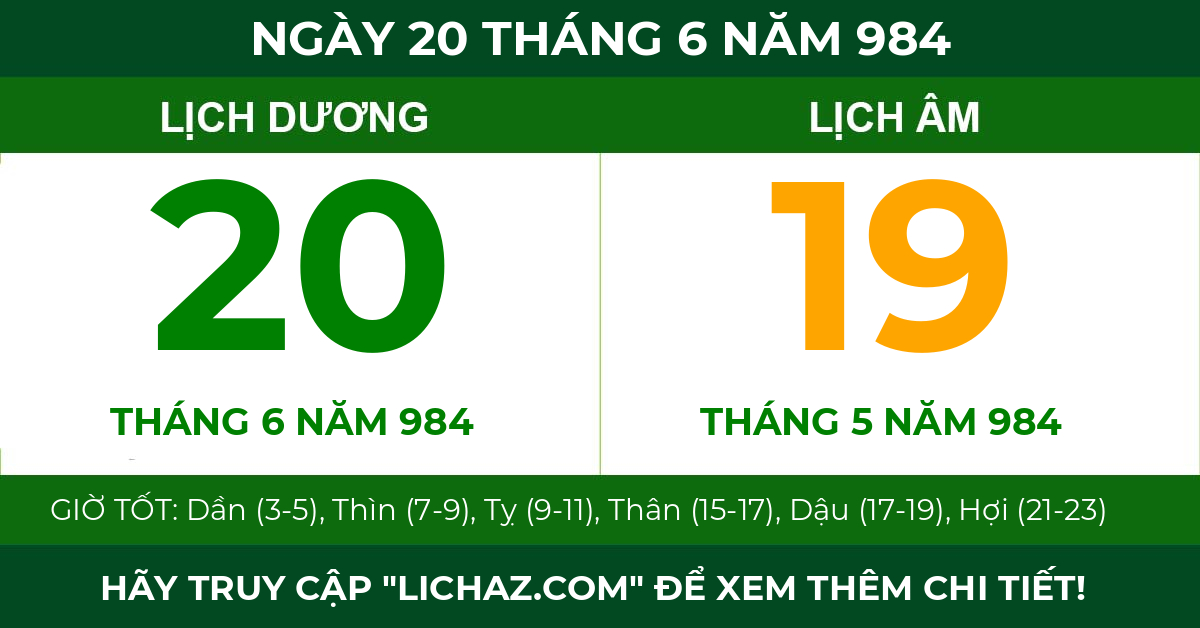 lịch âm ngày 20 tháng 6 năm 984