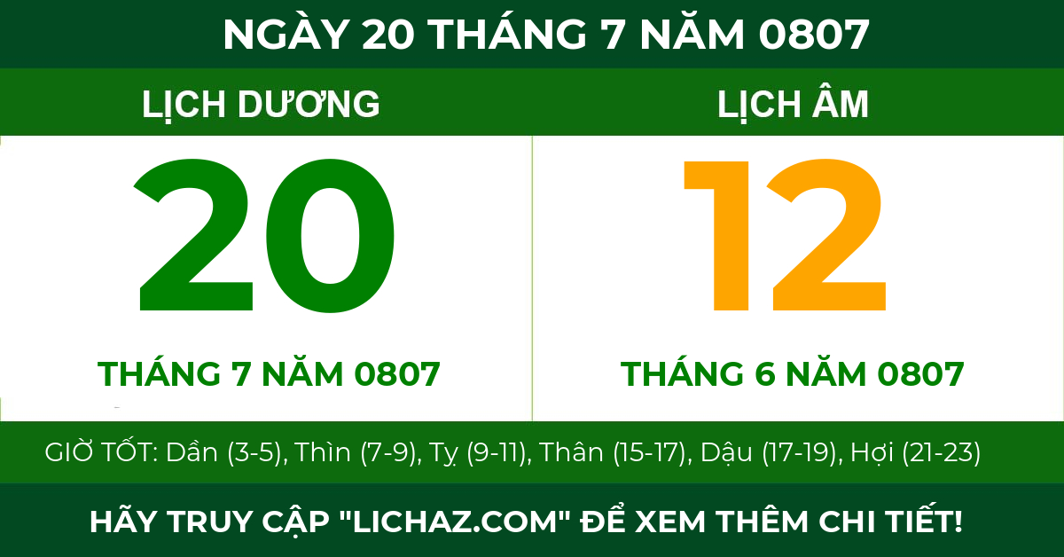 lịch âm ngày 20 tháng 7 năm 0807