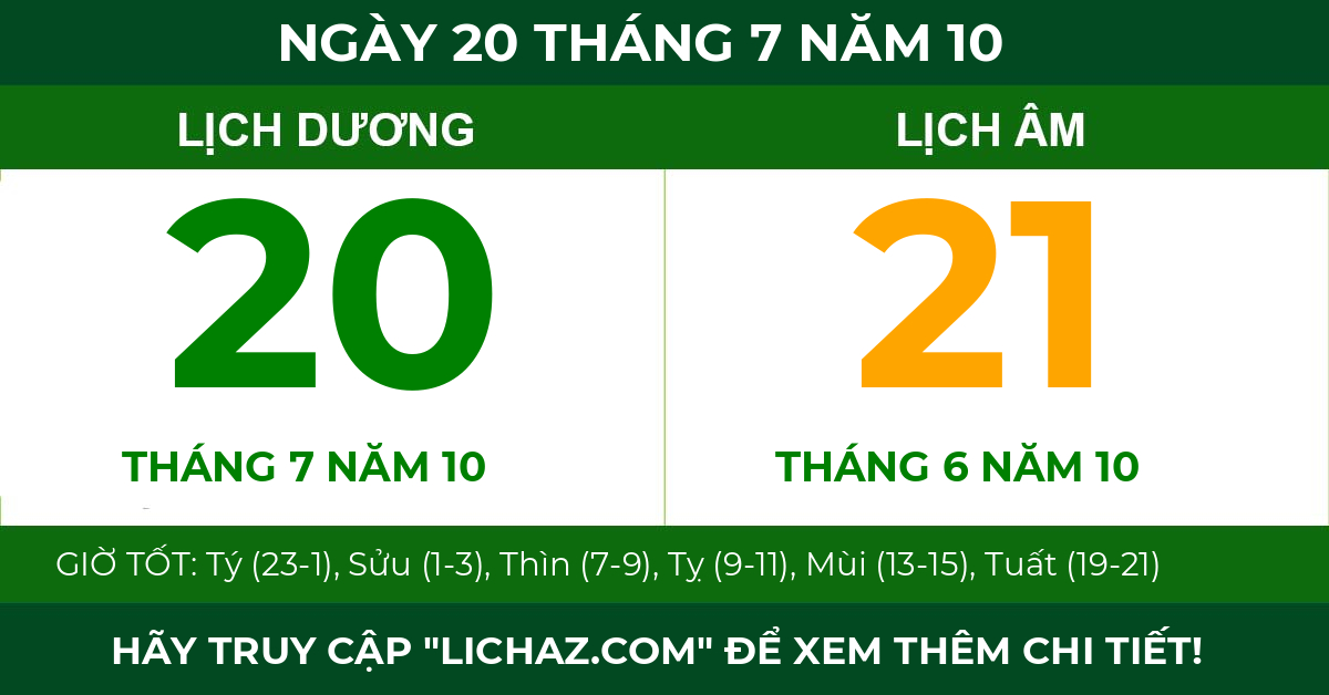 lịch âm ngày 20 tháng 7 năm 10