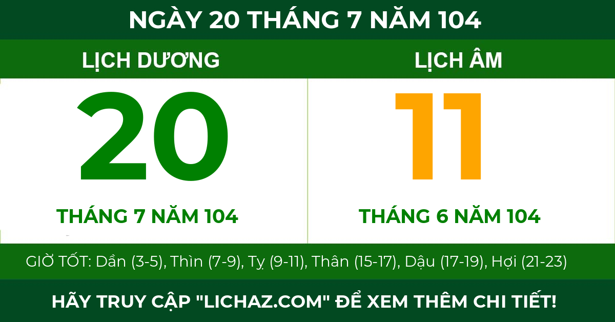 lịch âm ngày 20 tháng 7 năm 104