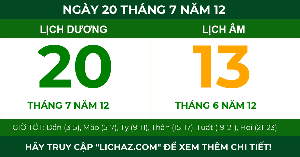 lịch âm ngày 20 tháng 7 năm 12