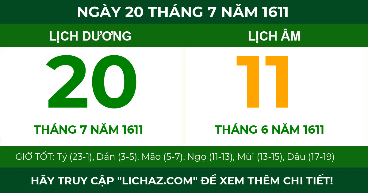 lịch âm ngày 20 tháng 7 năm 1611