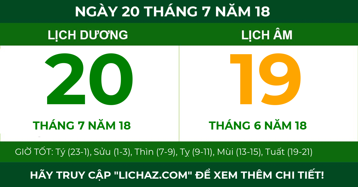lịch âm ngày 20 tháng 7 năm 18