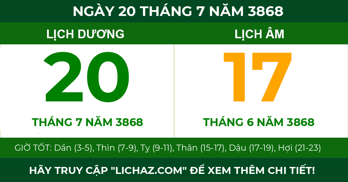 lịch âm ngày 20 tháng 7 năm 3868