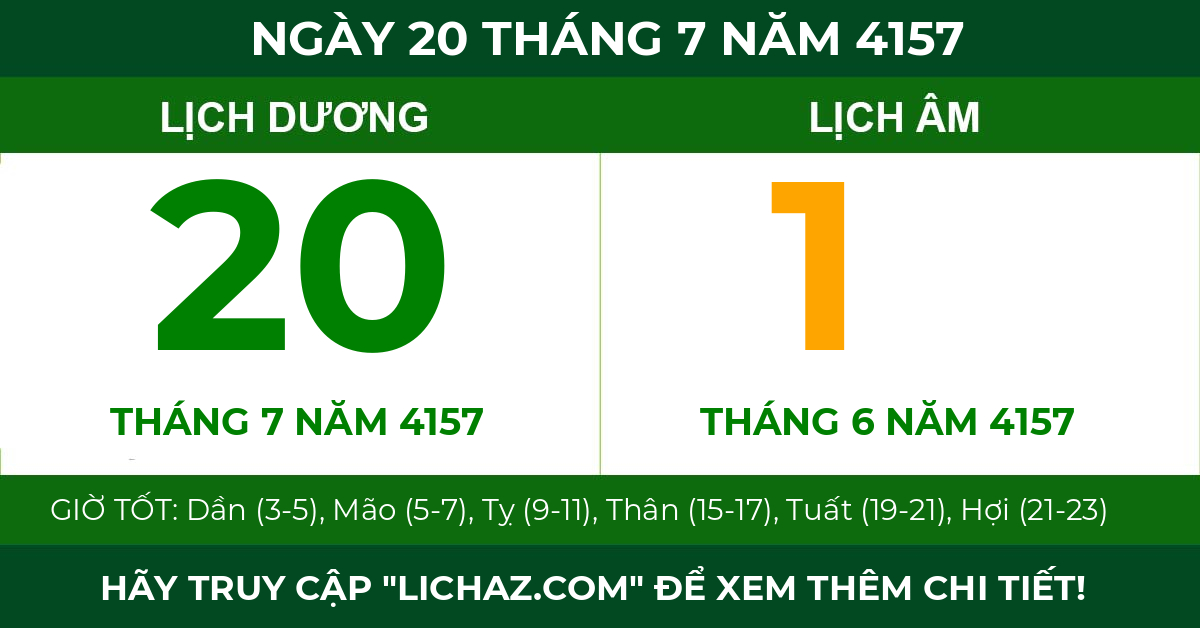 lịch âm ngày 20 tháng 7 năm 4157