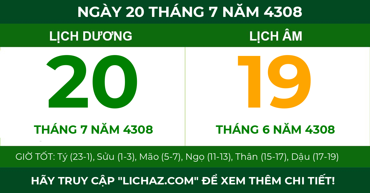 lịch âm ngày 20 tháng 7 năm 4308