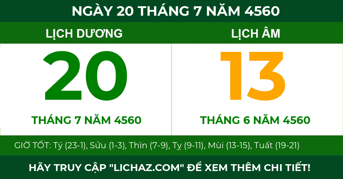 lịch âm ngày 20 tháng 7 năm 4560