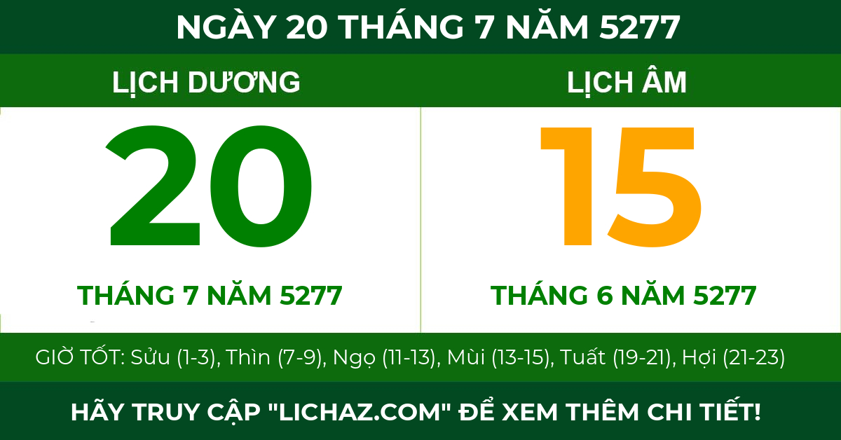 lịch âm ngày 20 tháng 7 năm 5277