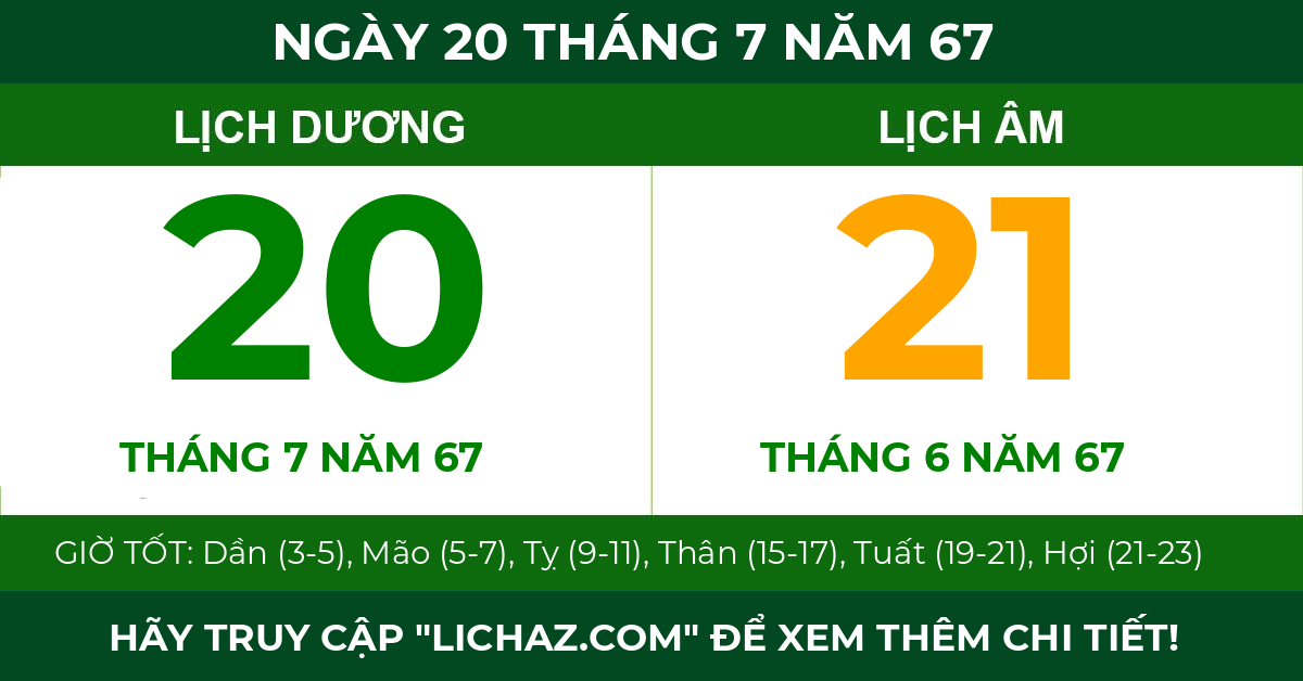 lịch âm ngày 20 tháng 7 năm 67