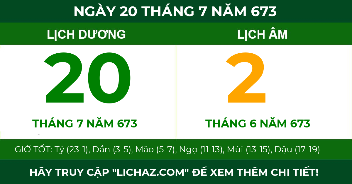 lịch âm ngày 20 tháng 7 năm 673