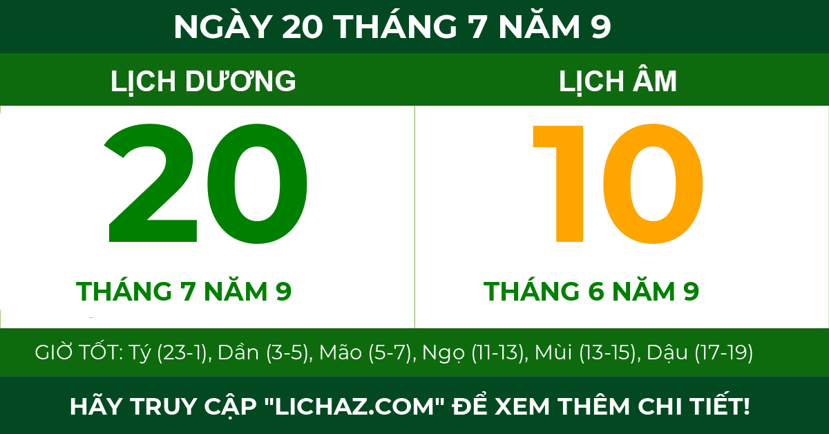 lịch âm ngày 20 tháng 7 năm 9