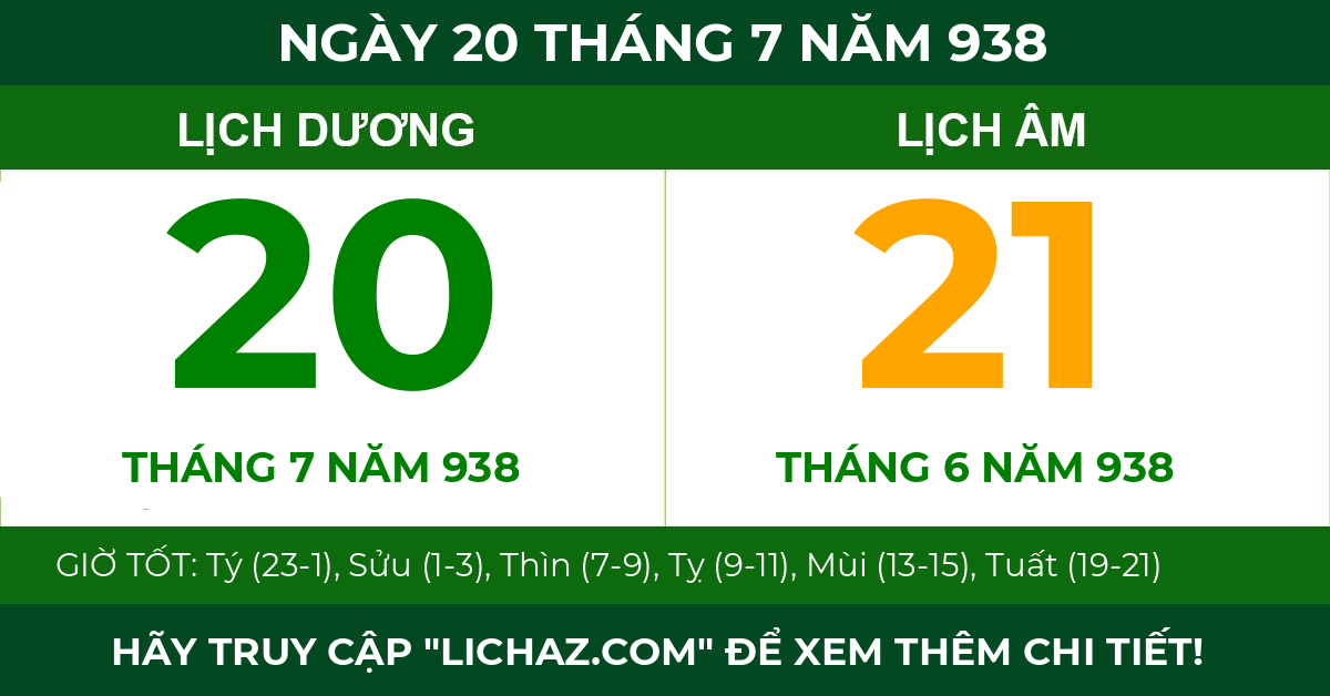 lịch âm ngày 20 tháng 7 năm 938