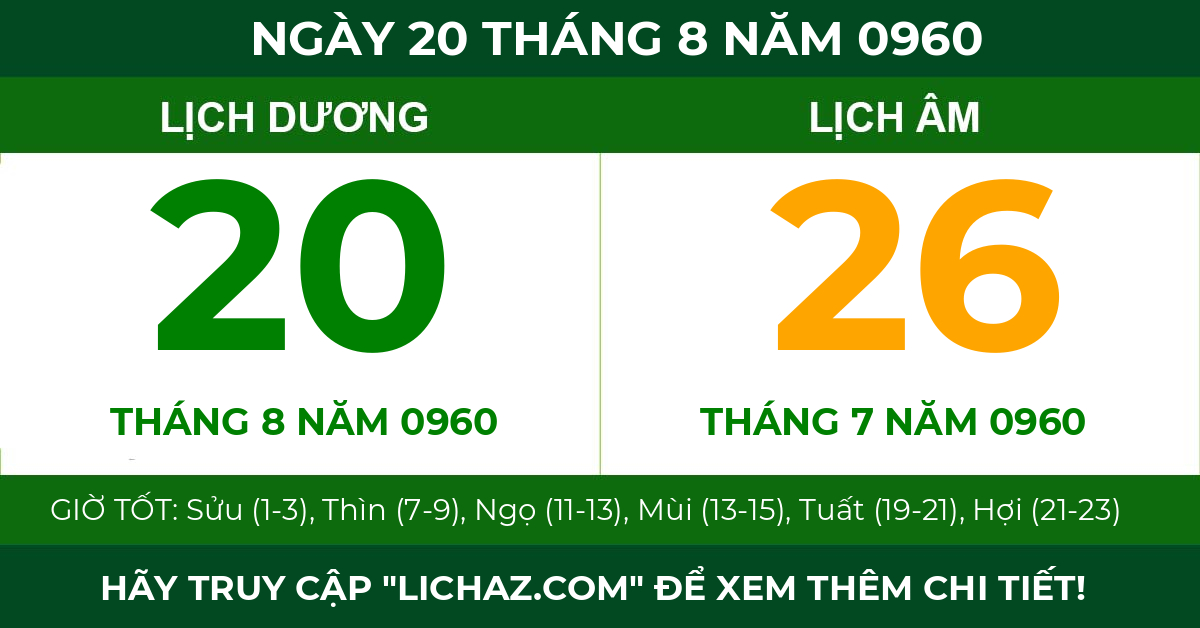 lịch âm ngày 20 tháng 8 năm 0960