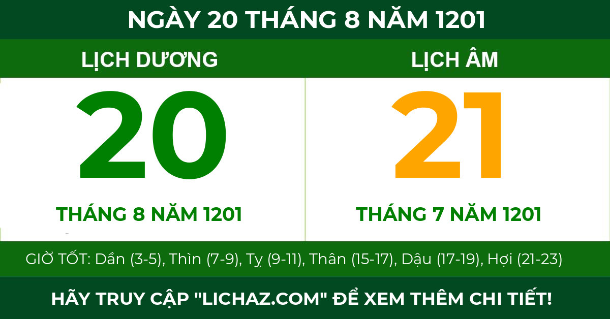 lịch âm ngày 20 tháng 8 năm 1201
