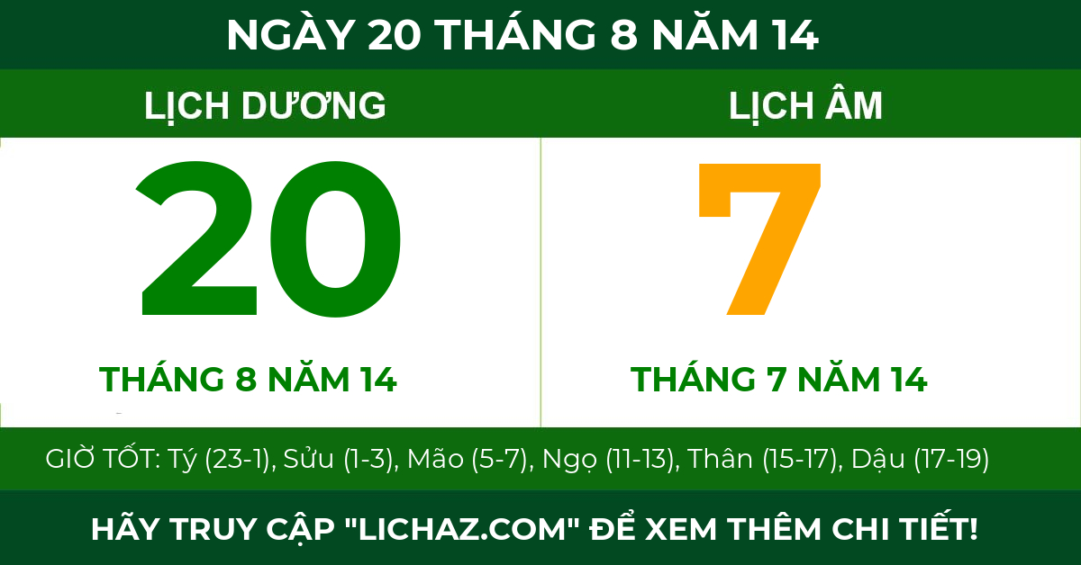lịch âm ngày 20 tháng 8 năm 14