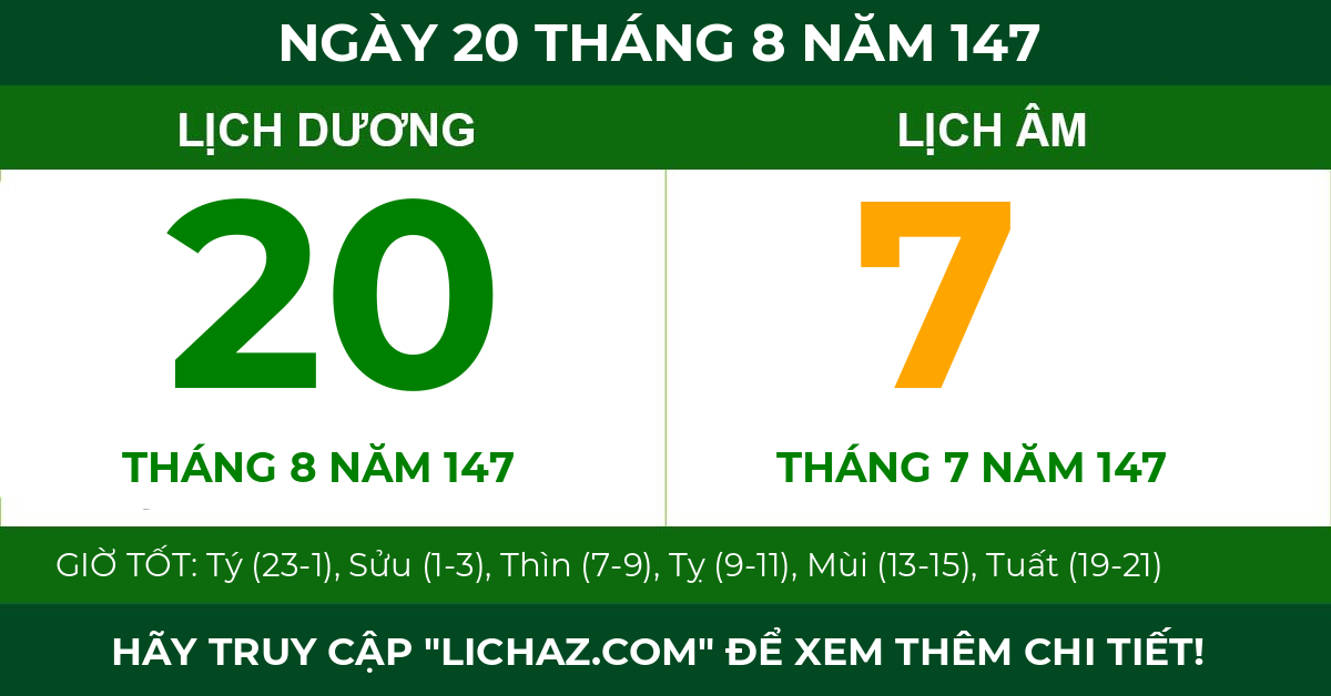 lịch âm ngày 20 tháng 8 năm 147