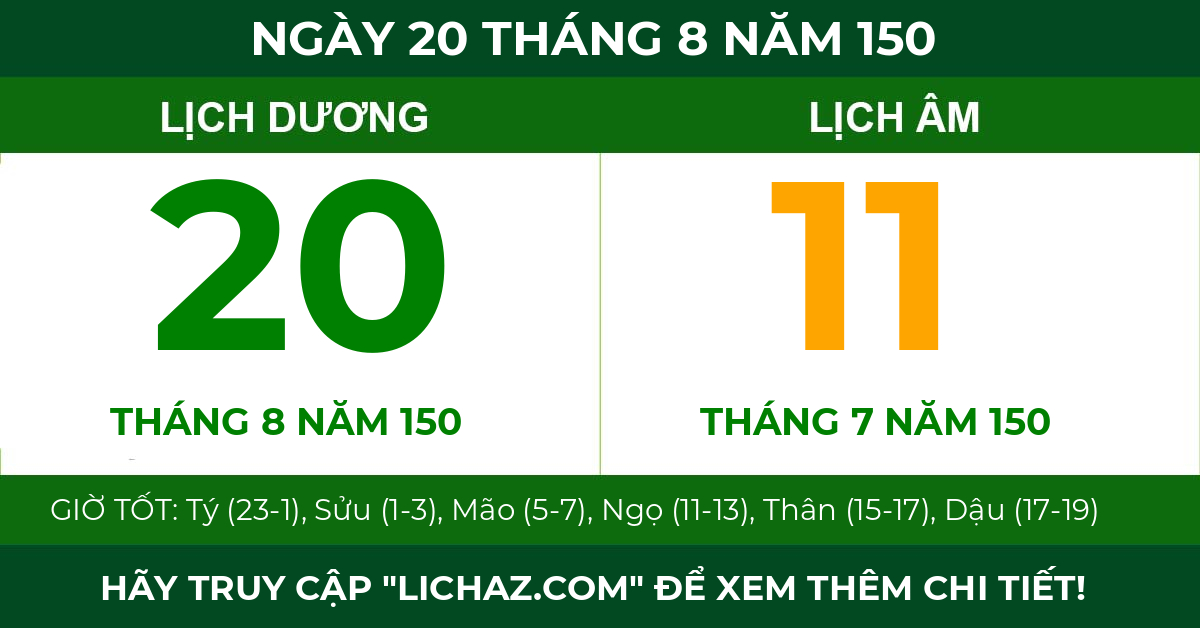 lịch âm ngày 20 tháng 8 năm 150