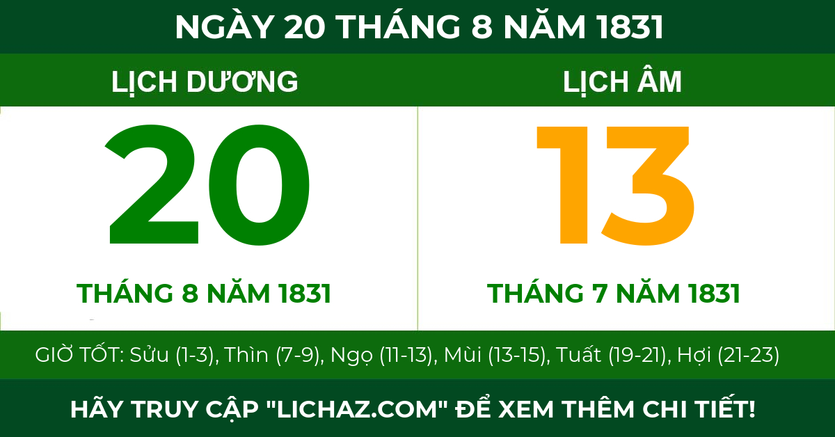 lịch âm ngày 20 tháng 8 năm 1831