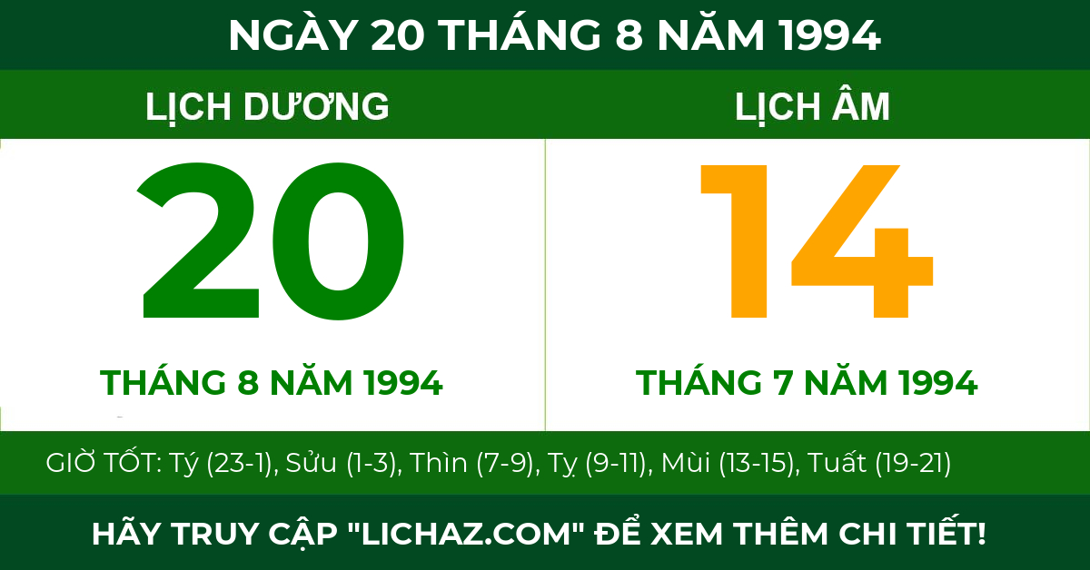 lịch âm ngày 20 tháng 8 năm 1994