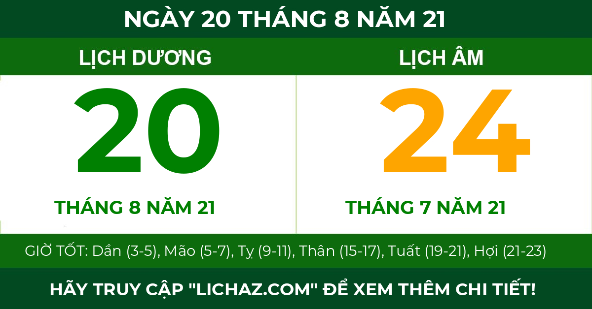 lịch âm ngày 20 tháng 8 năm 21