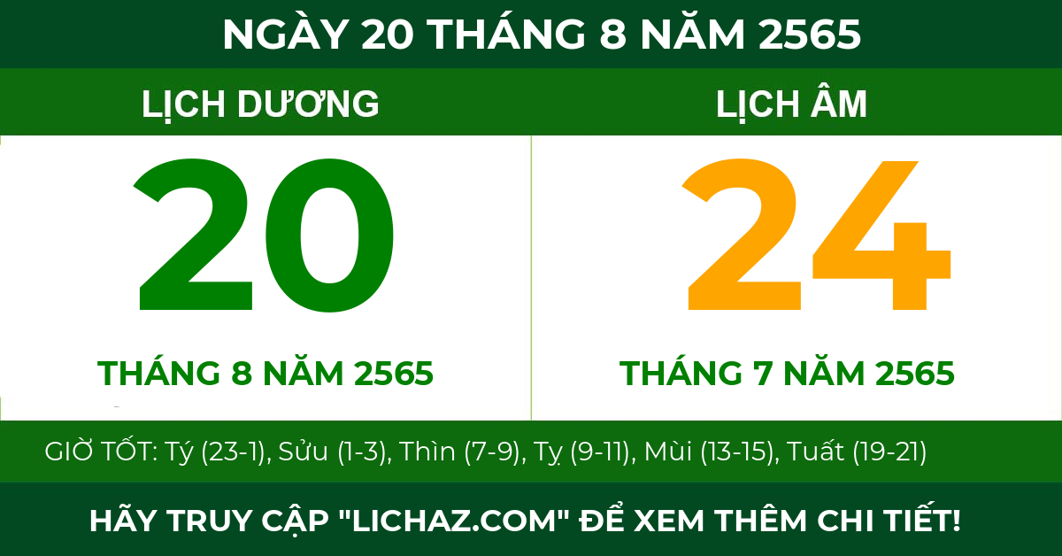 lịch âm ngày 20 tháng 8 năm 2565