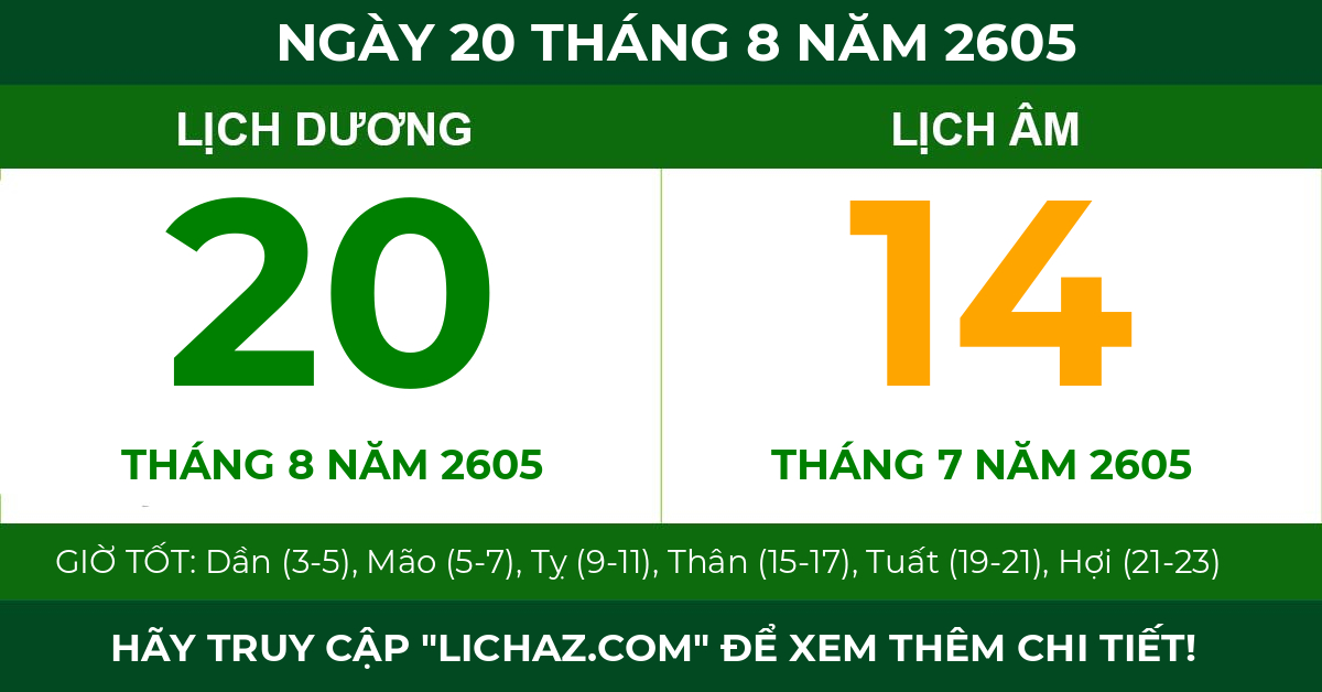 lịch âm ngày 20 tháng 8 năm 2605