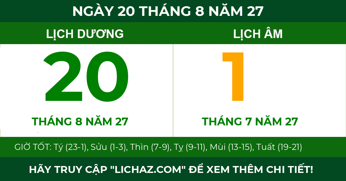 lịch âm ngày 20 tháng 8 năm 27