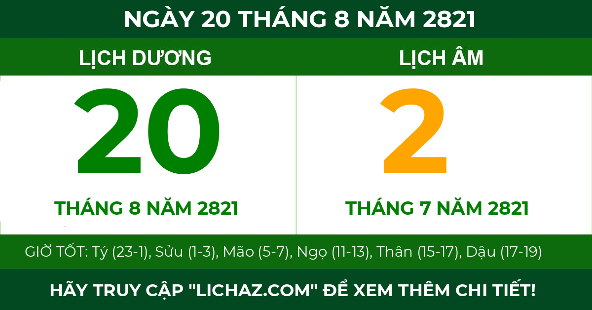lịch âm ngày 20 tháng 8 năm 2821