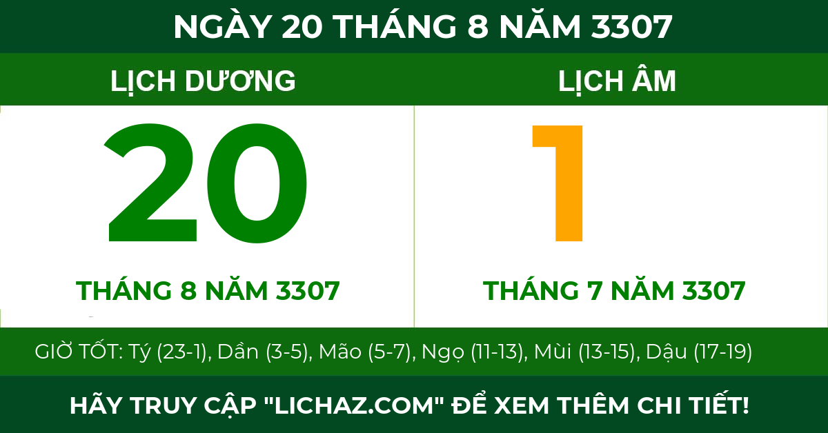 lịch âm ngày 20 tháng 8 năm 3307