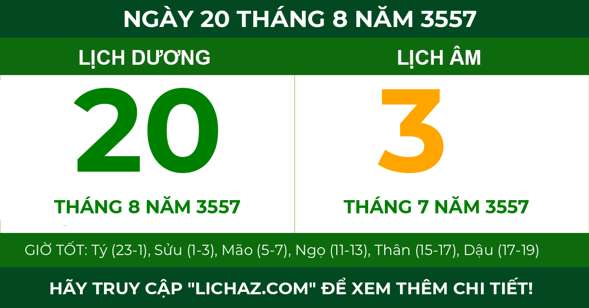 lịch âm ngày 20 tháng 8 năm 3557