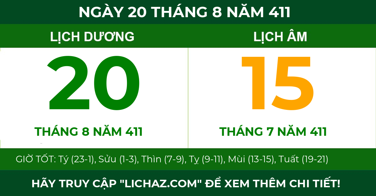 lịch âm ngày 20 tháng 8 năm 411