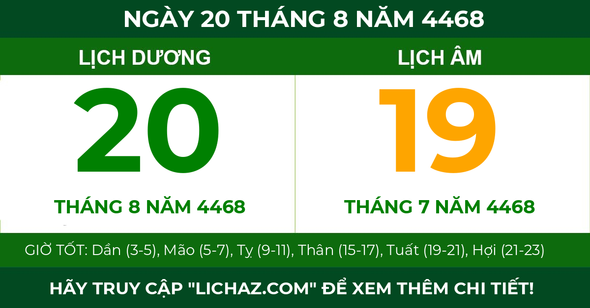 lịch âm ngày 20 tháng 8 năm 4468