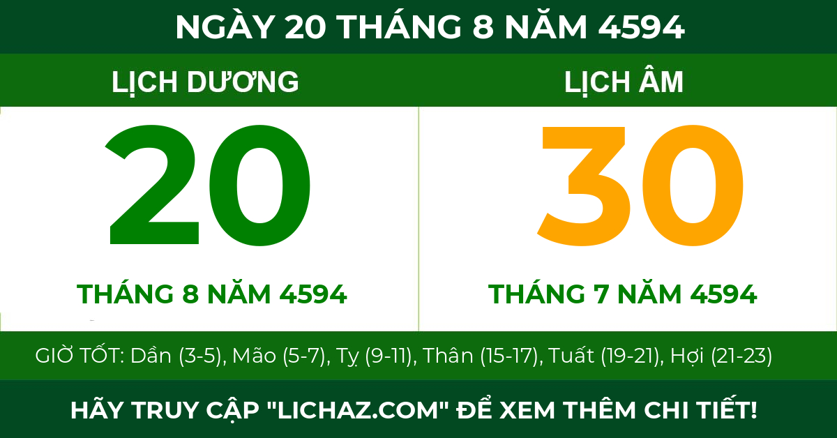 lịch âm ngày 20 tháng 8 năm 4594