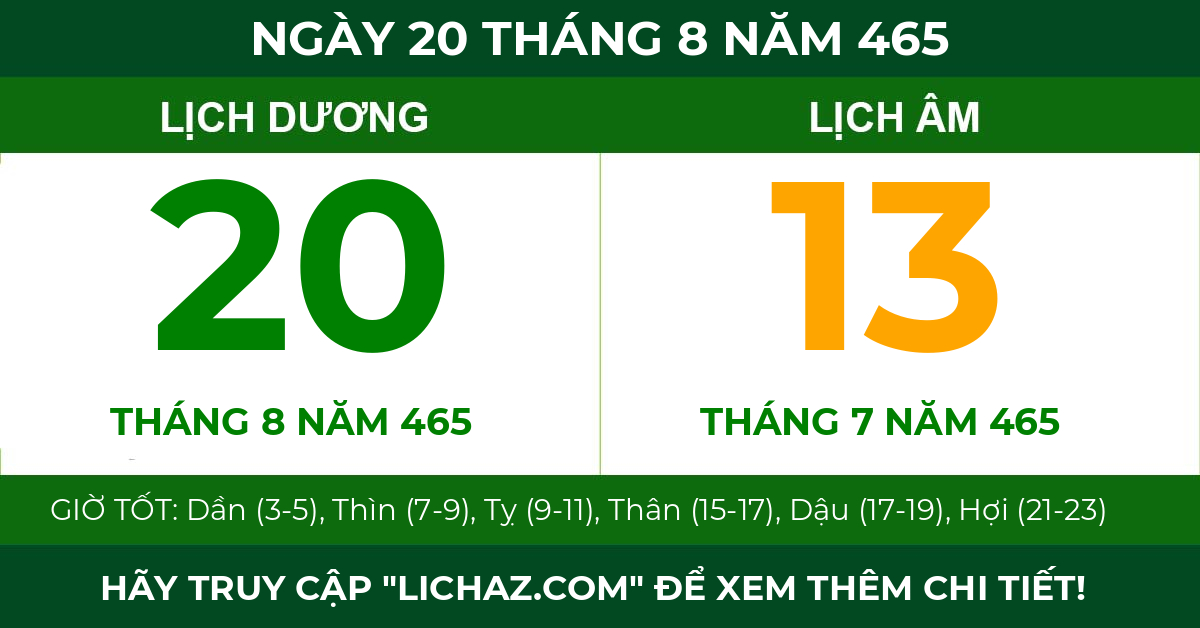 lịch âm ngày 20 tháng 8 năm 465