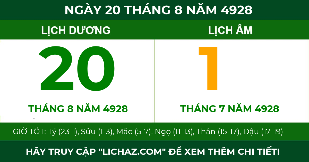 lịch âm ngày 20 tháng 8 năm 4928