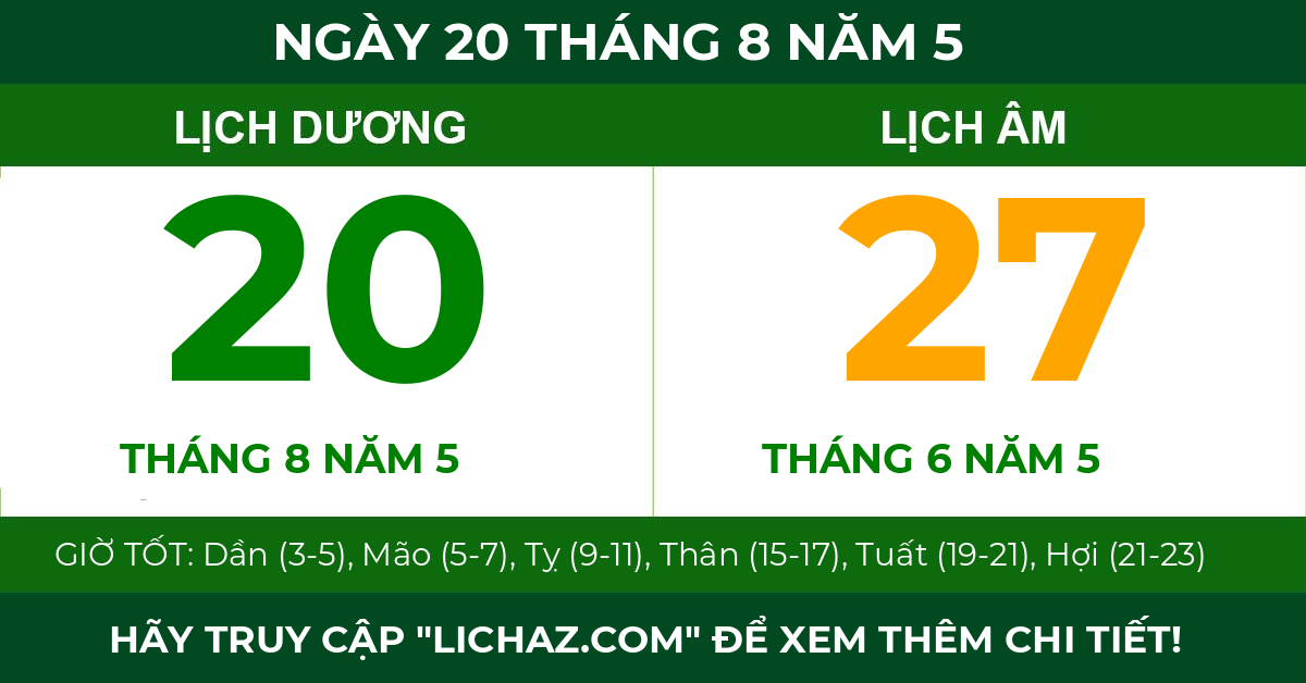 lịch âm ngày 20 tháng 8 năm 5