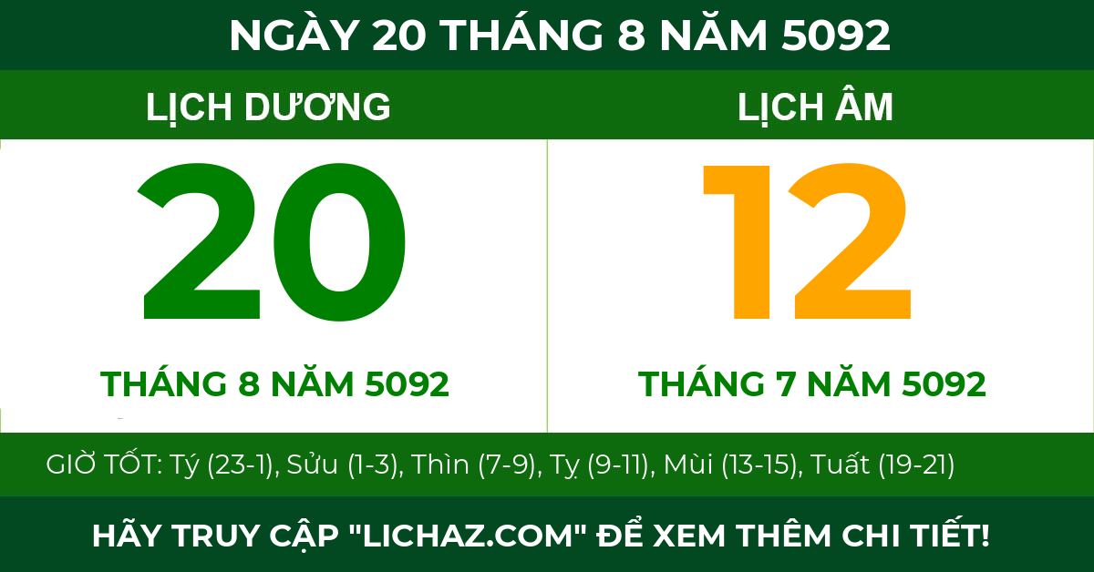 lịch âm ngày 20 tháng 8 năm 5092