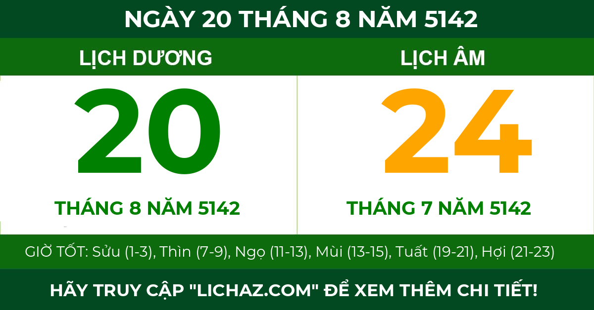 lịch âm ngày 20 tháng 8 năm 5142