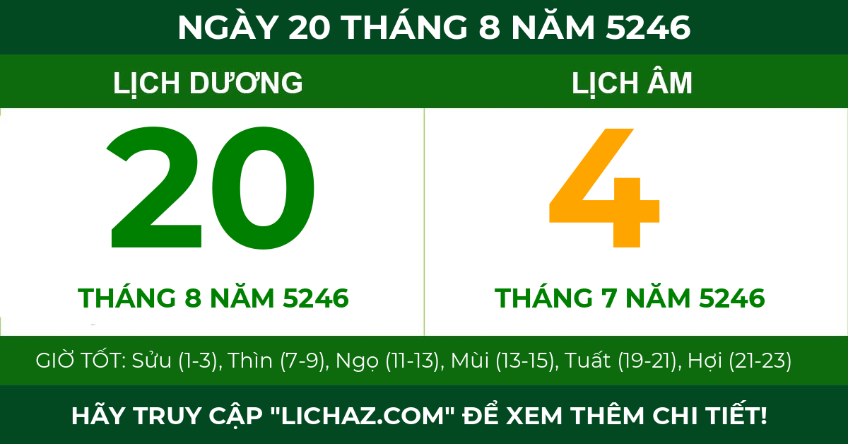 lịch âm ngày 20 tháng 8 năm 5246