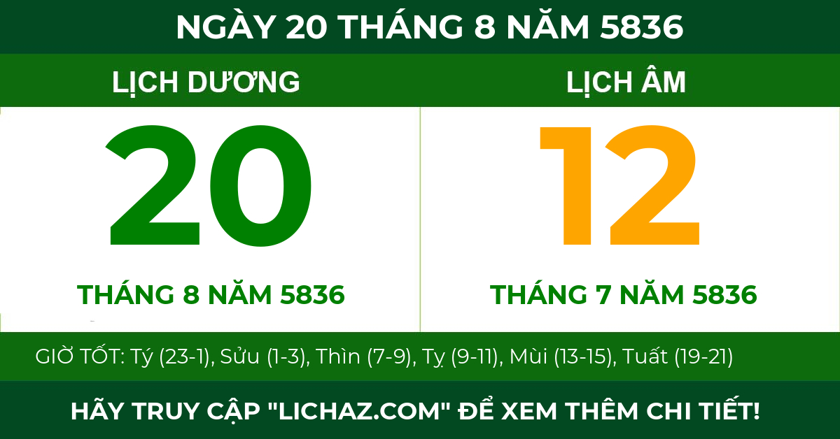 lịch âm ngày 20 tháng 8 năm 5836