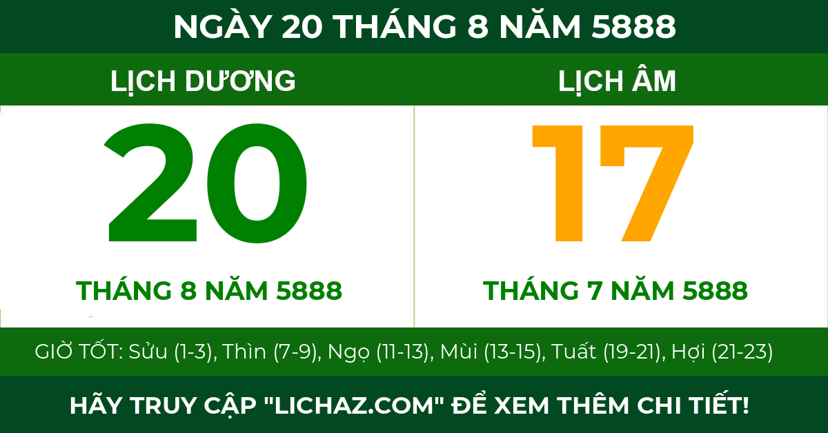 lịch âm ngày 20 tháng 8 năm 5888