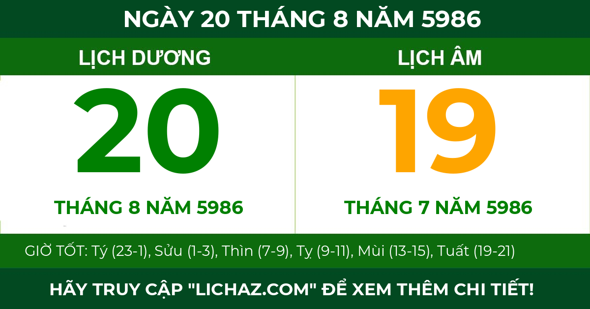 lịch âm ngày 20 tháng 8 năm 5986