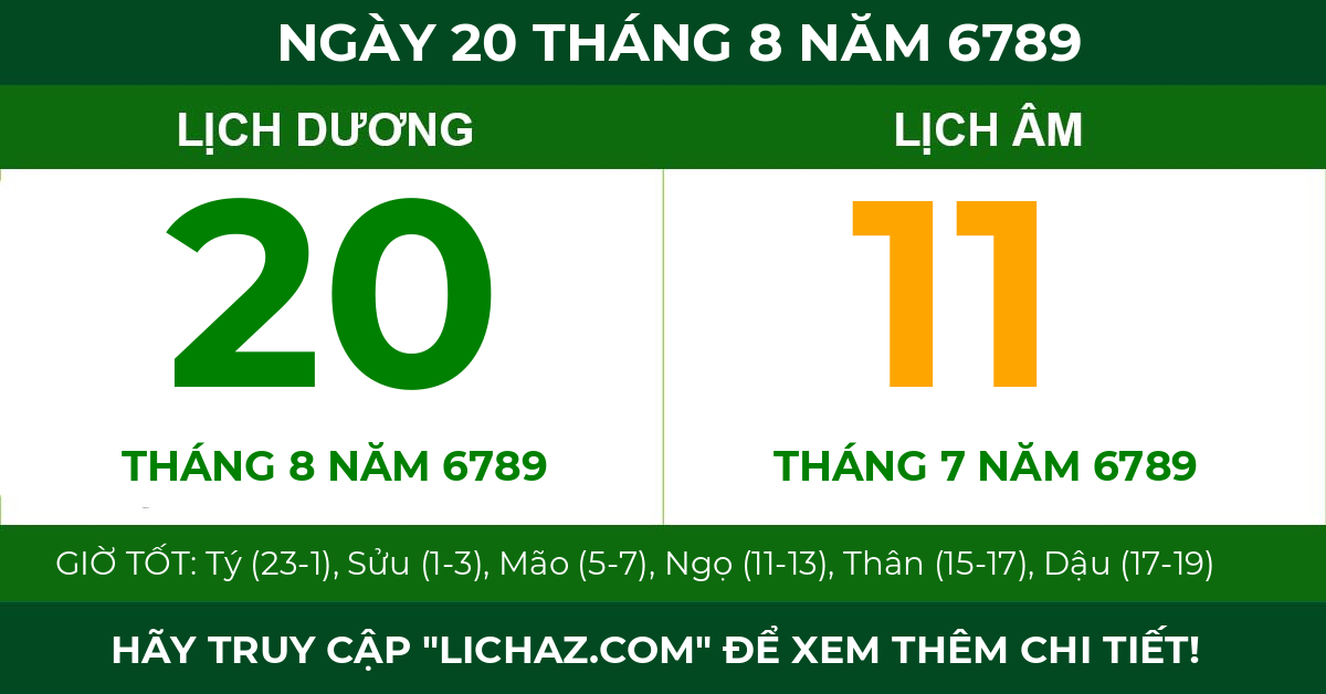 lịch âm ngày 20 tháng 8 năm 6789