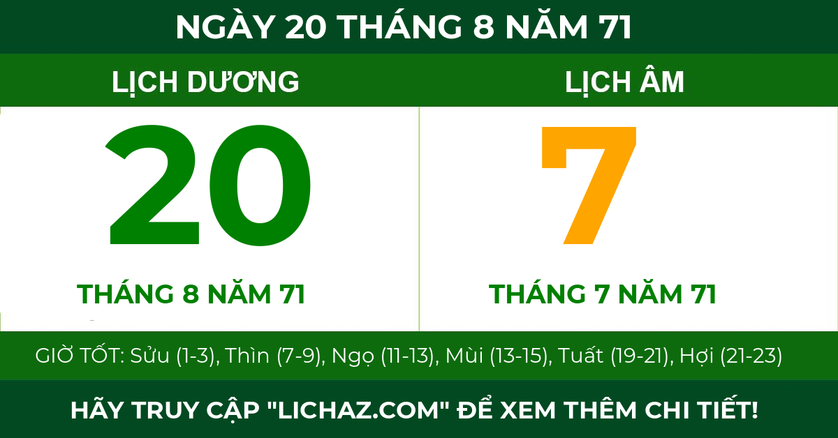 lịch âm ngày 20 tháng 8 năm 71